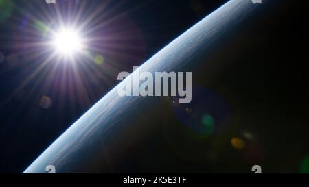 Die Sonnenstrahlen platzten über den Horizont der Erde, als die Internationale Raumstation 264 Meilen über Western Australia an der Küste der Shark Bay umkreiste. 10. Juni 2022. Optimierte Version eines Originalbildes der NASA. Quelle: NASA Stockfoto