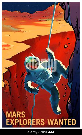 MARS-FORSCHER WOLLTEN. Mars braucht DICH! Mars wird in Zukunft alle Arten von Forschern, Landwirten, Vermessern, Lehrern brauchen... Aber vor allem SIE! NASA-Poster, das Interesse an zukünftigen Missionen zum Mars wecken soll. „Die Forscher, die auf der Reise zum Mars wollten, wandern durch den größten Canyon des Sonnensystems, Valles Marineris auf dem Mars, wo man in der Dämmerung blaue Sonnenuntergänge beobachten und die beiden Monde des Mars (Phobos und Deimos) am Nachthimmel sehen kann“, eine optimierte Version eines Originalbildes der NASA. Quelle: NASA Stockfoto