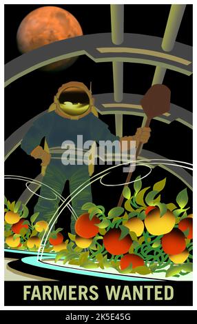 MARS. BAUERN WOLLTEN. Mars braucht DICH! Mars wird in Zukunft alle Arten von Forschern, Landwirten, Vermessern, Lehrern brauchen... Aber vor allem SIE! NASA-Poster, das Interesse an zukünftigen Missionen zum Mars wecken soll. „Farmers Wanted for Survival on Mars hat einen grünen Daumen? Dieses hier ist für Sie! Im Weltraum können Sie Tomaten, Salat, Erbsen und Radieschen anbauen, wie Sie es in Ihrem Sommergarten finden würden. Neue Wege zum Anbau frischer Lebensmittel werden notwendig sein, um mutige Entdecker am Leben zu erhalten.“ Eine optimierte Version eines Originalbildes der NASA. Quelle: NASA Stockfoto