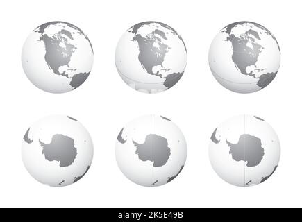 Erdkugeln mit Fokus auf Nordamerika (obere Reihe) und Antarktis (untere Reihe). Sorgfältig geschichtet und gruppiert, um die Bearbeitung zu erleichtern. Sie können e Stock Vektor