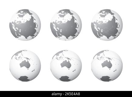 Erdkugeln mit Fokus auf Nordasien (obere Reihe) und Australien (untere Reihe). Sorgfältig geschichtet und gruppiert, um die Bearbeitung zu erleichtern. Sie können bearbeiten Stock Vektor