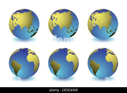 Erdkugeln mit Fokus auf Asien (obere Reihe) und Atlantik (untere Reihe). Sorgfältig geschichtet und gruppiert, um die Bearbeitung zu erleichtern. Sie können o bearbeiten Stock Vektor