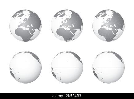 Set von Erdkugeln mit Fokus auf Europa (obere Reihe) und Pazifik (untere Reihe). Sorgfältig geschichtet und gruppiert, um die Bearbeitung zu erleichtern. Sie können bearbeiten Stock Vektor