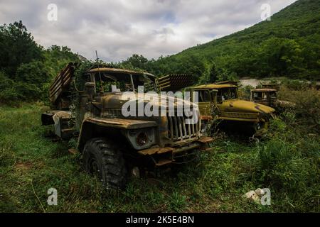 Alte verlassene rostige Militärfahrzeuge, die von Pflanzen überwuchert wurden Stockfoto