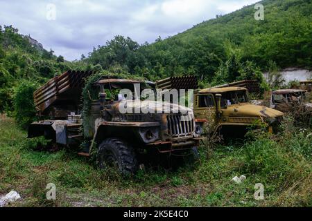 Alte verlassene rostige Militärfahrzeuge, die von Pflanzen überwuchert wurden Stockfoto