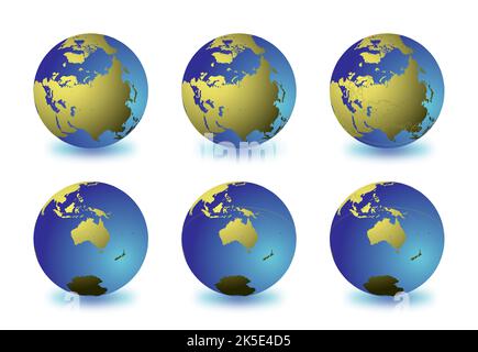 Erdkugeln mit Fokus auf Nordasien (obere Reihe) und Australien (untere Reihe). Sorgfältig geschichtet und gruppiert, um die Bearbeitung zu erleichtern. Sie können bearbeiten Stock Vektor
