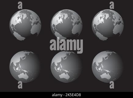 Erdkugeln mit Fokus auf den Nordatlantik (obere Reihe) und Ostasien und Ozeanien (untere Reihe). Sorgfältig geschichtet und gruppiert für einfaches Beeditin Stock Vektor