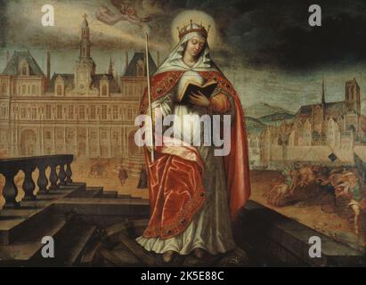 Saint Genevi &#XE8;ve, Patron von Paris, vor dem H &#XF4;tel de Ville; auf der rechten Seite, die Hunnen zurückgeschoben, um 1620. Aktuelle 4. Arrondissement. Stockfoto