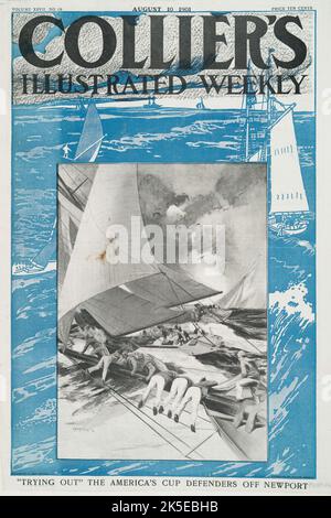 Collier's Illustrated Weekly, "Ausprobieren" der America's Cup Defenders Off Newport, Vollum XXVII No. 19, 10. August 1901, Price Ten Cents, c1901. [Herausgeber: Harper Publications; Ort: New York] Stockfoto