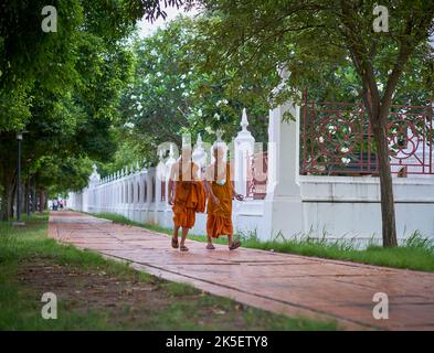 Junge Novizenmönche gehen, aufgenommen in Ayutthaya, Thailand. Stockfoto