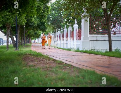 Junge Novizenmönche gehen, aufgenommen in Ayutthaya, Thailand. Stockfoto