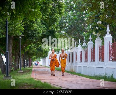 Junge Novizenmönche gehen, aufgenommen in Ayutthaya, Thailand. Stockfoto