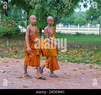 Junge Novizenmönche gehen, aufgenommen in Ayutthaya, Thailand. Stockfoto