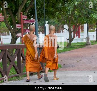 Junge Novizenmönche gehen, aufgenommen in Ayutthaya, Thailand. Stockfoto