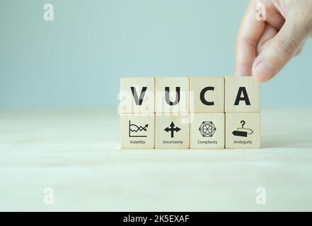 VUCA und strategisches Management. Holzwürfel mit VUCA-Symbol und Text; Volatilität, Unsicherheit, Komplexität, Mehrdeutigkeit mit grauem Hintergrund. Intelligente Verwaltung Stockfoto