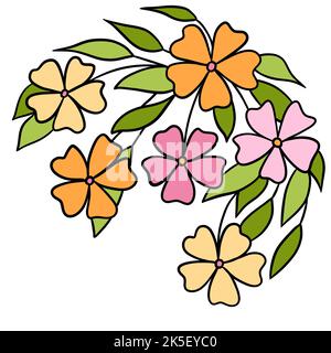 Handgezeichnete Illustration von orange rosa Blüten Blätter Zweig in schwarzer Linie Umriss. Minimalistisches florales Gartendesign, Blüte für Karteneinladungen, elehantes Laubpflanzenkonzept Stockfoto