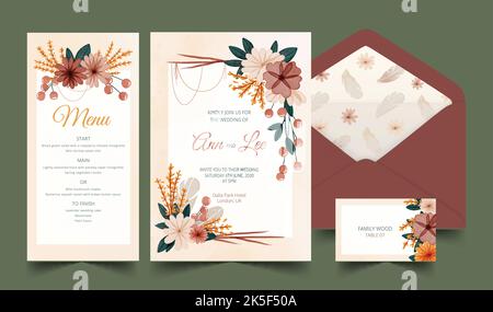 Aquarell Boho Hochzeit Schreibwaren Kollektion Vektor Design Illustration Stock Vektor
