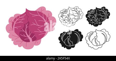 Lila Kohl Cartoon lineare Symbol-Set, Doodle-Stil, Gravur Silhouette. Frische violette Kohlköpfe Gemüse Symbol gesunde Ernährung Design. Landwirtschaftliche vegetarische Ernährung Küche, Bauernhof Markt Vektor Stock Vektor
