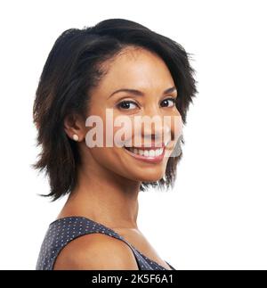 Frisch gesichtig und freche. Porträt einer hübschen Frau auf weißem Hintergrund. Stockfoto