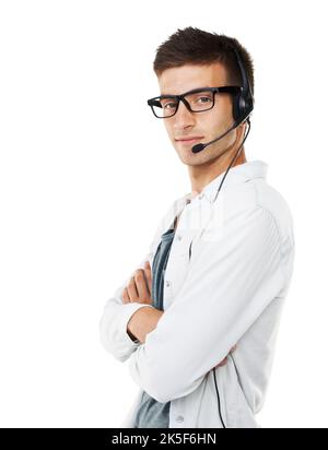 Technologie macht die Kommunikation in meinem Job einfacher. Porträt eines Hipster-Mannes mit einem Headset, das seine Arme kreuzt. Stockfoto