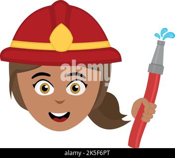 Vektor-Illustration des Gesichts eines Cartoon-Mädchen Feuerwehrmann mit einem Helm und einem Schlauch in der Hand Stock Vektor