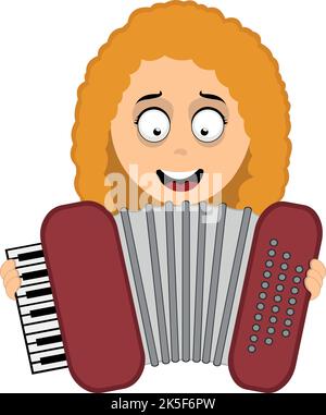 Vektor-Illustration des Gesichts einer Zeichentrickfilm-Frau, die ein Akkordeon-Musikinstrument spielt Stock Vektor