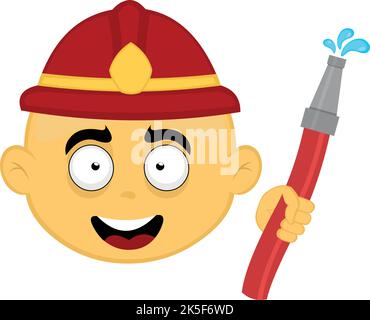 Vector Emoji Illustration eines gelben Cartoon Feuerwehrmann mit einem Schlauch mit Wassertropfen in der Hand Stock Vektor