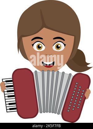 Vektor-Illustration des Gesichts einer Zeichentrickfilm-Frau, die ein Akkordeon-Musikinstrument spielt Stock Vektor