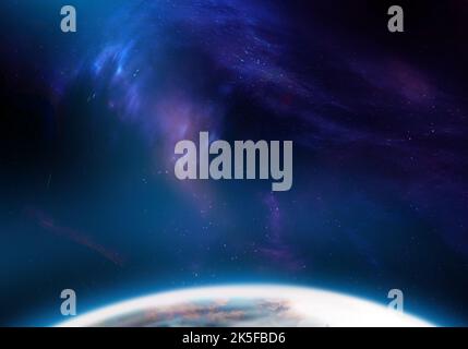 Himmlische digitale Kunst, Planet an der Vorderseite -Sterne und Galaxien im Weltraum Hintergrund zeigt die Schönheit der Weltraumforschung. Stockfoto