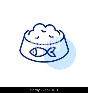 Volle Katzennahrung Schüssel mit Fisch darauf. Pixel-perfektes, bearbeitbares Strichsymbol Stock Vektor