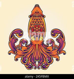 Klassische florale Krake Ornament Illustration Vektor-Illustrationen für Ihre Arbeit Logo, Merchandise T-Shirt, Aufkleber und Label-Designs, Poster Stock Vektor