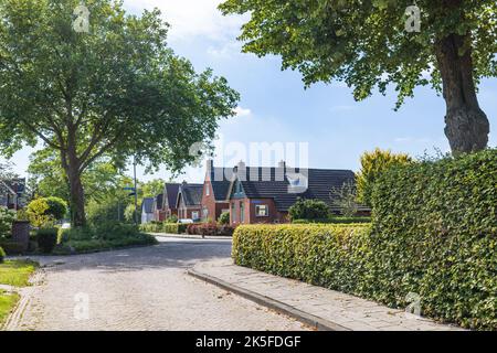 Dorfansicht Tolbert mit Reihe von Häusern und Bäumen, Hecken und Bäumen des kleinen Dorfes Tolbert in der Gemeinde Westerkwartier in der Provinz Groningen Niederlande Stockfoto