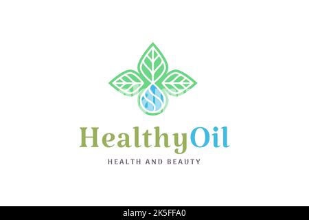 Gesundheits- und Schönheits-Logo mit Blattform und Öl- oder Flüssigkeitstropfen Stock Vektor
