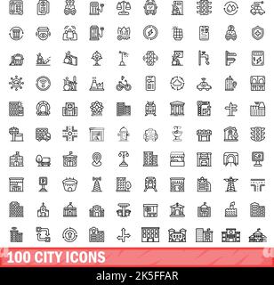 100 Symbole für die Stadt eingestellt. Skizzieren Sie die Darstellung von 100 Stadtsymbolen, die auf weißem Hintergrund isoliert sind Stock Vektor