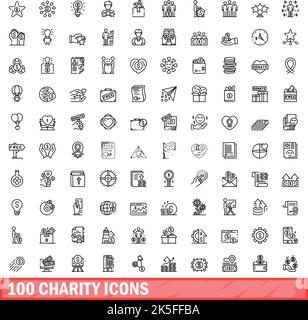 100 Charity-Symbole eingestellt. Skizzieren Sie die Darstellung von 100 karitativen Symbolen, die auf weißem Hintergrund isoliert sind Stock Vektor