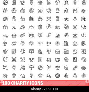 100 Charity-Symbole eingestellt. Skizzieren Sie die Darstellung von 100 karitativen Symbolen, die auf weißem Hintergrund isoliert sind Stock Vektor
