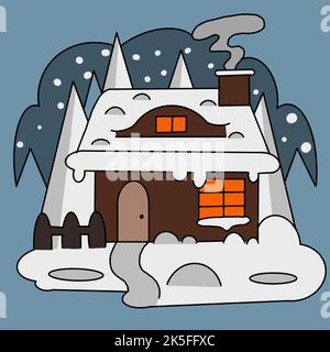 Schneebedecktes Haus in der weihnachtsnacht um die Fichte und warm Stock Vektor