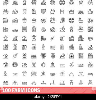 100 Farmsymbole eingestellt. Skizzieren Sie die Darstellung von 100 Farmsymbolen, die auf weißem Hintergrund isoliert sind Stock Vektor
