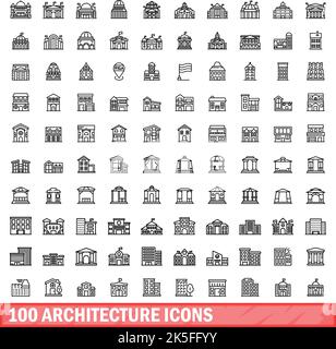 100 Architektursymbole gesetzt. Skizzieren Sie die Darstellung von 100 Architektursymbolen, die auf weißem Hintergrund isoliert sind Stock Vektor