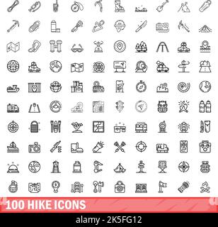 100 Wander-Icons eingestellt. Skizzieren Sie die Darstellung von 100 Wander-Icons Vektor isoliert auf weißem Hintergrund gesetzt Stock Vektor