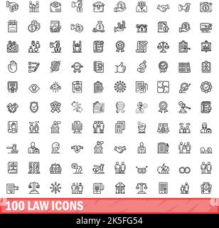 100 Symbole für Gesetze festgelegt. Skizzieren Sie die Darstellung von 100 Gesetzensymbolen, die auf weißem Hintergrund isoliert sind Stock Vektor