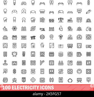 100 Symbole für Elektrizität eingestellt. Skizzieren Abbildung von 100 Strom Symbole Vektor isoliert auf weißem Hintergrund gesetzt Stock Vektor