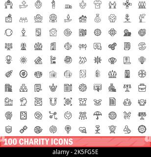 100 Charity-Symbole eingestellt. Skizzieren Sie die Darstellung von 100 karitativen Symbolen, die auf weißem Hintergrund isoliert sind Stock Vektor