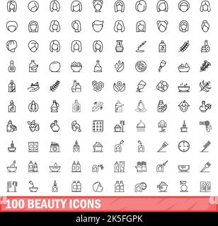 100 Beauty-Ikonen-Set. Skizzieren Sie die Darstellung von 100 Vektorbildern für Schönheit, die isoliert auf weißem Hintergrund gesetzt wurden Stock Vektor