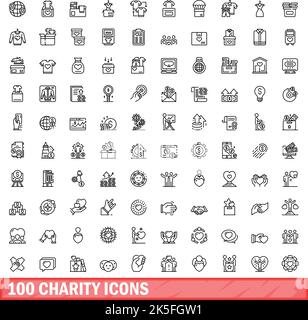 100 Charity-Symbole eingestellt. Skizzieren Sie die Darstellung von 100 karitativen Symbolen, die auf weißem Hintergrund isoliert sind Stock Vektor