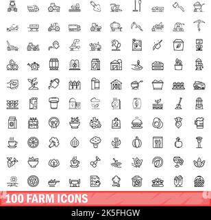 100 Farmsymbole eingestellt. Skizzieren Sie die Darstellung von 100 Farmsymbolen, die auf weißem Hintergrund isoliert sind Stock Vektor