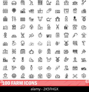 100 Farmsymbole eingestellt. Skizzieren Sie die Darstellung von 100 Farmsymbolen, die auf weißem Hintergrund isoliert sind Stock Vektor