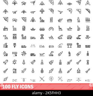 100 Fliegensymbole eingestellt. Umreißen Abbildung von 100 fliegen Symbole Vektor-Set isoliert auf weißem Hintergrund Stock Vektor