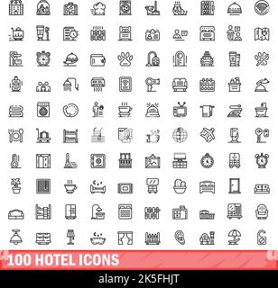 100 Hotel-Icons gesetzt. Skizzieren Sie die Darstellung von 100 Hotel-Symbolen, die auf weißem Hintergrund isoliert sind Stock Vektor