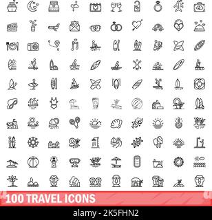 100 Reisesymbole eingestellt. Skizzieren Sie die Darstellung von 100 Vektor-Symbolen für Reisen, die isoliert auf weißem Hintergrund eingestellt sind Stock Vektor